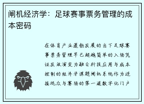 闸机经济学：足球赛事票务管理的成本密码