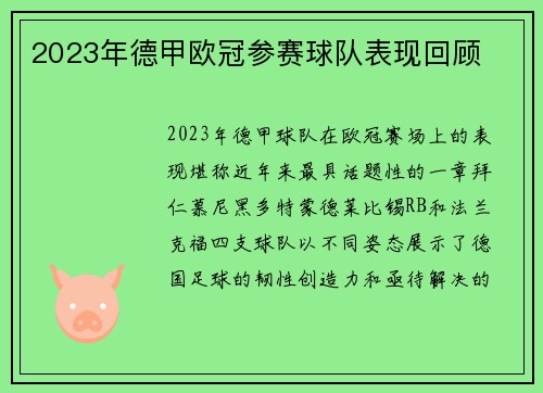 2023年德甲欧冠参赛球队表现回顾
